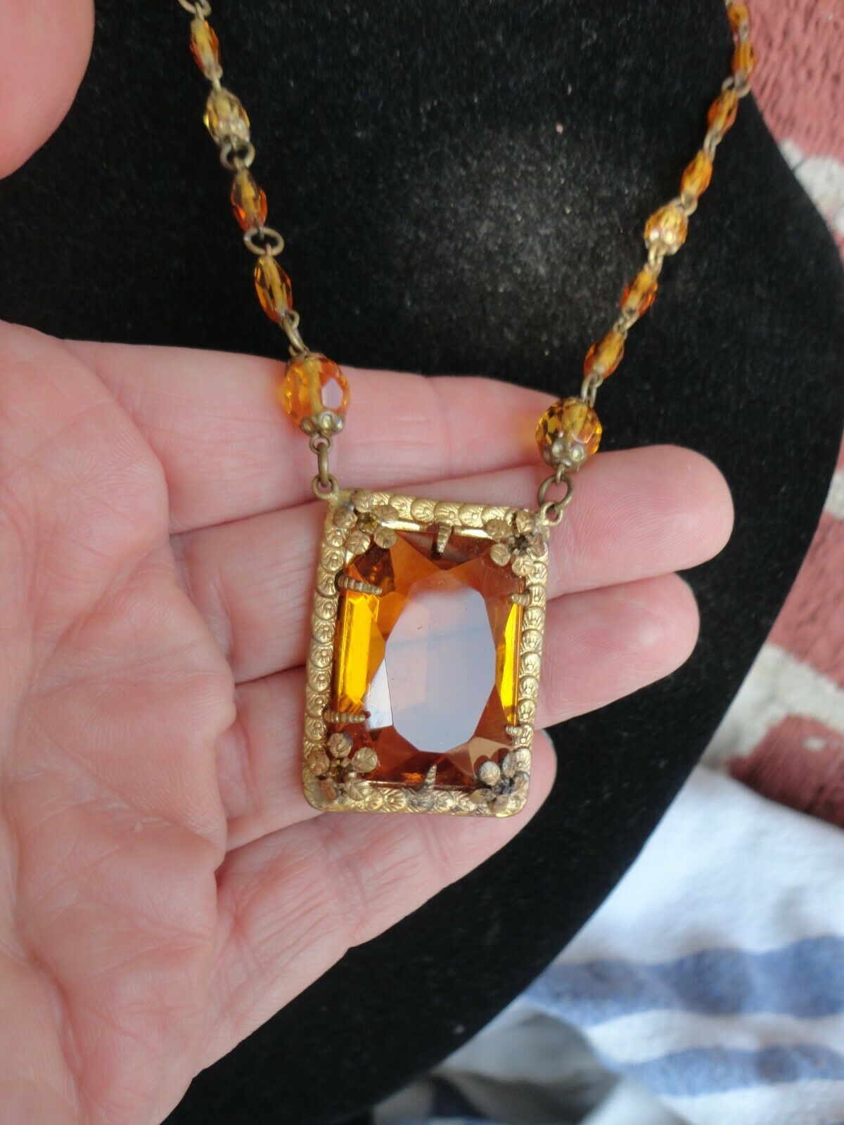 Vintage Signed Czech Amber Glass Crystal Floral Pansy Violet Corners Necklace