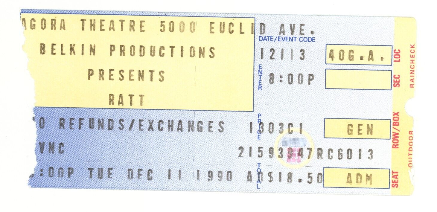 Ratt 12/11/90 Cleveland Oh The Agora Rare Ticket Stub!
