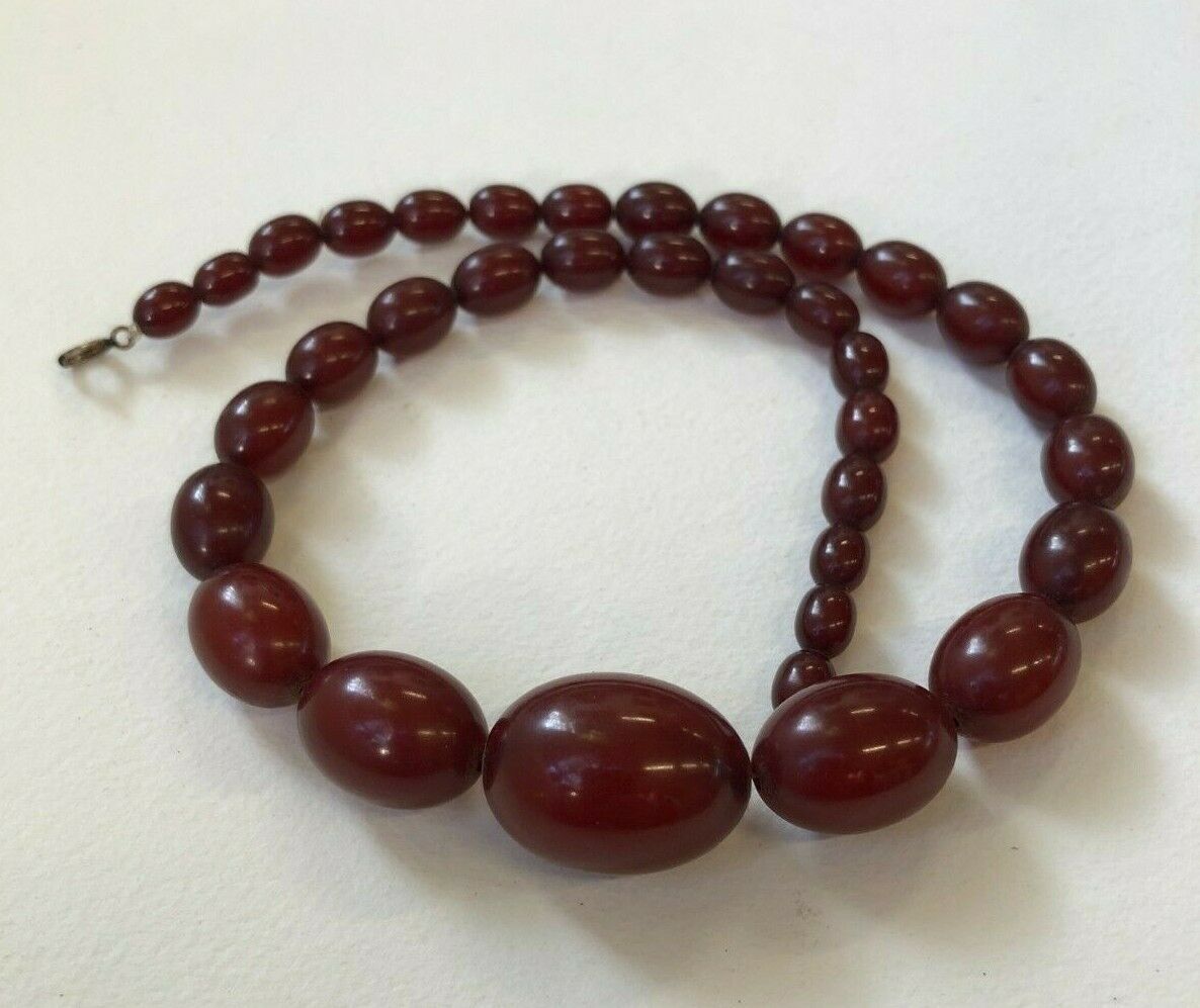 Art Deco Dark Red Cherry Bakelite Olive Bead Necklace /  All Original
