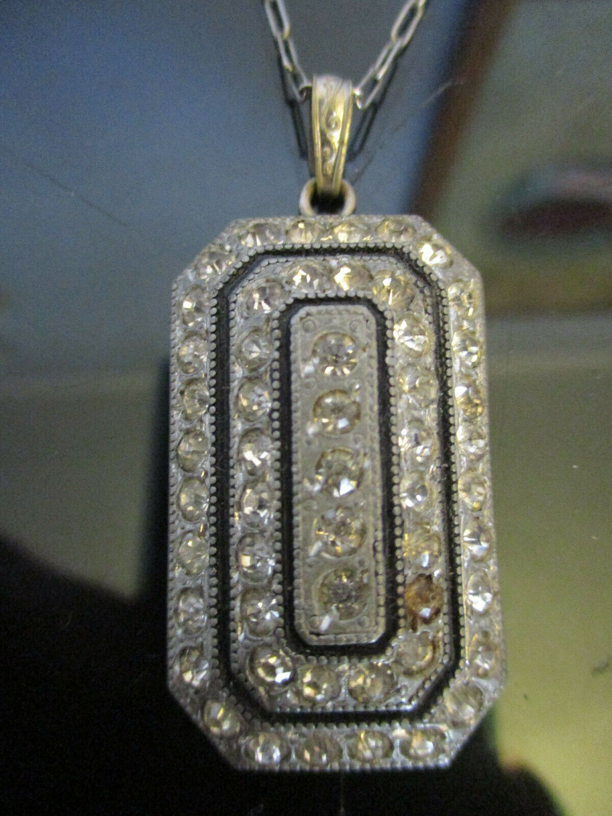 Antique Art Deco Pave Rhinestone Enamel Silver Tone Pendant Fine Chain Necklace!