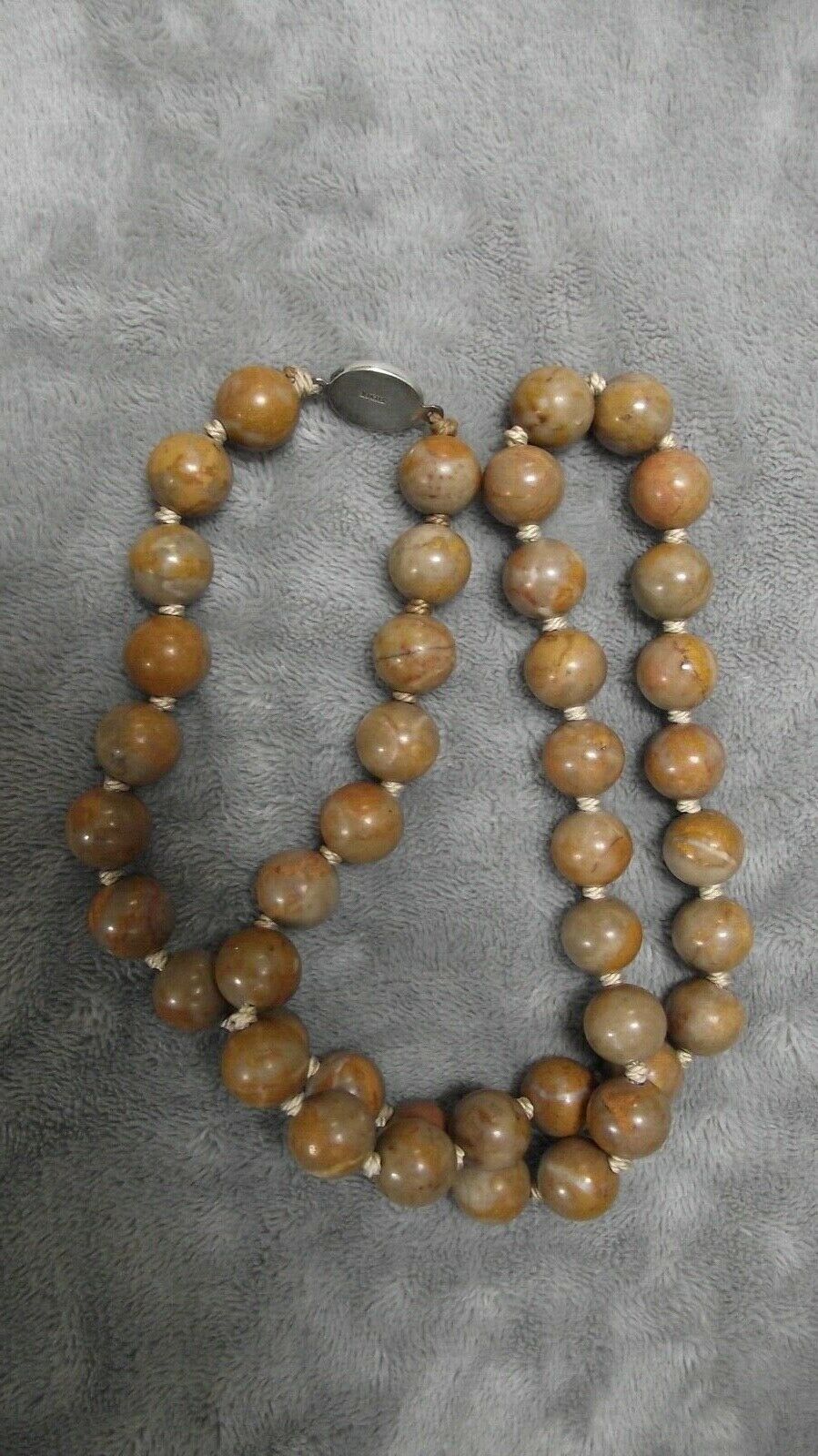 Vintage Taupe & Caramel Toned Agate Hand Knotted Beaded Necklace Silver Clasp