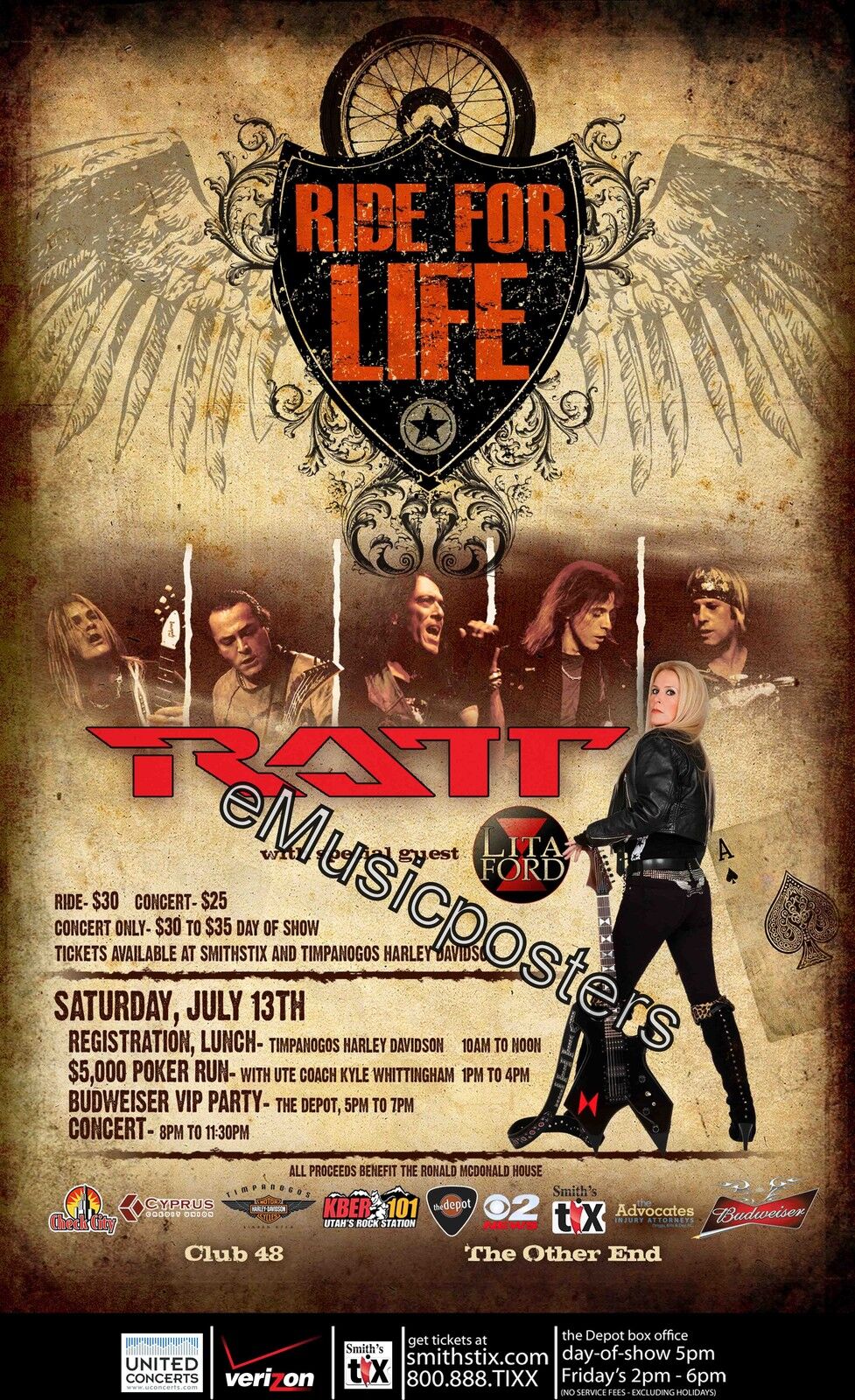 Ratt / Lita Ford "ride For Life" 2013 Salt Lake Concert Poster- Glam Metal Music