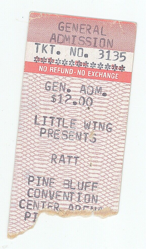 Ratt 11/20/85 Pine Bluff Ar Convention Center Rare Ticket Stub